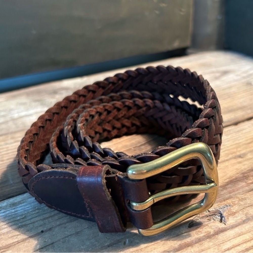 Vintage men’s brown woven genuine leather braided belt brass buckle size XL